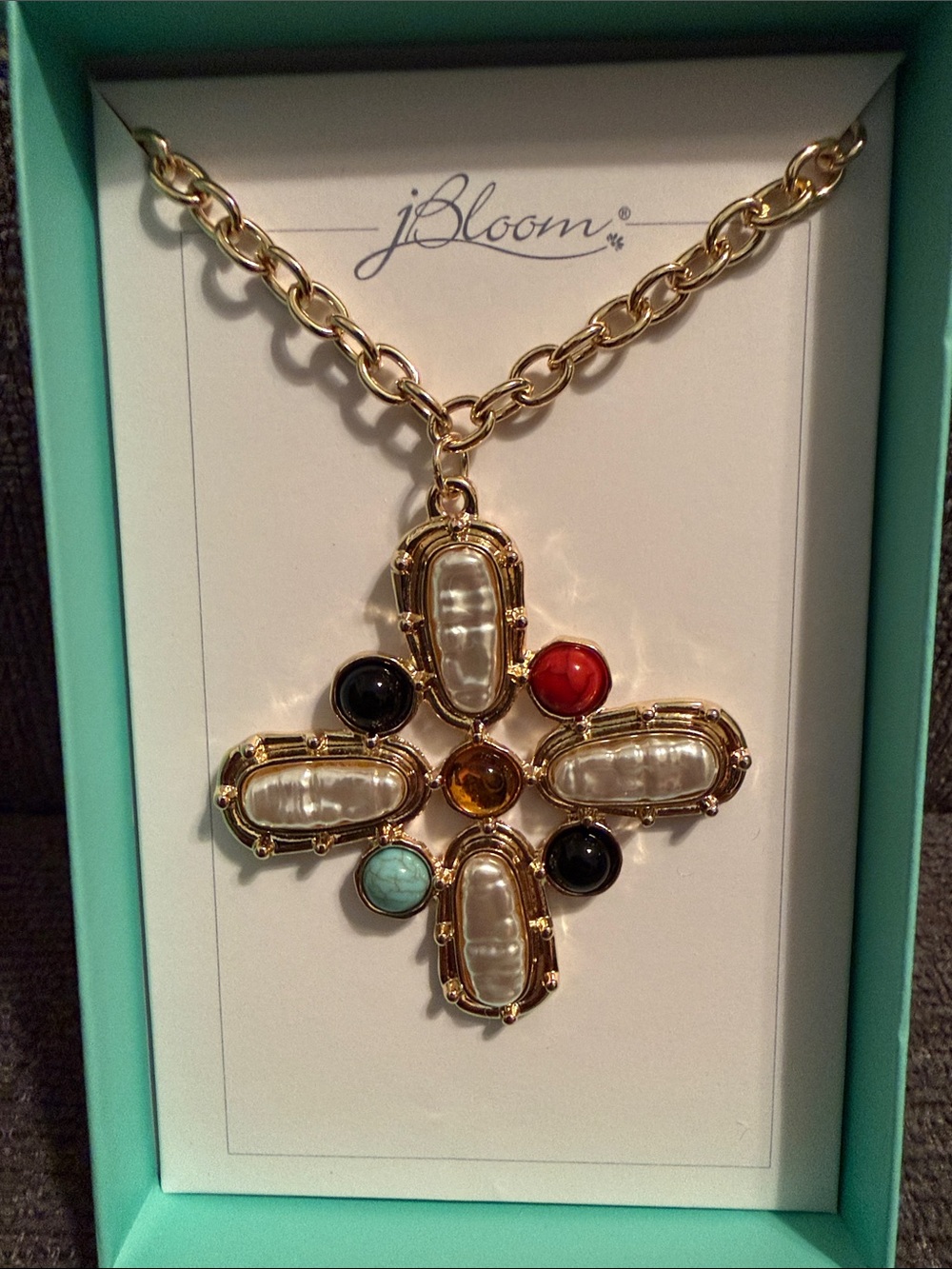 JBloom Gold Multistone Cross Pendant Necklace - Turquoise, Red, Black, Pearl